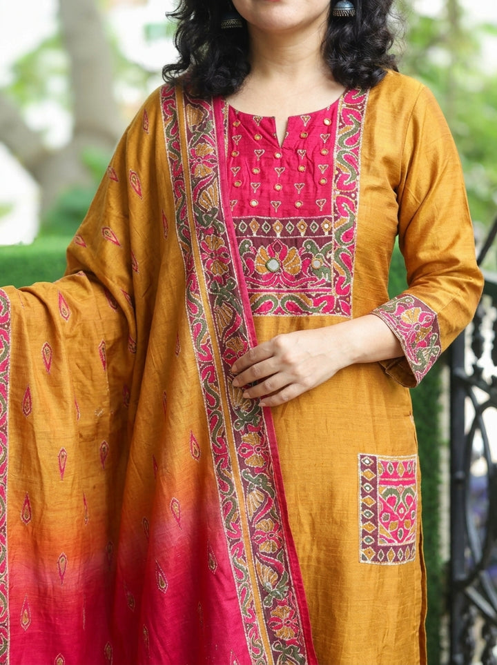 Laakshi Mustard Yellow Mirror Work Russian Silk 3 Piece Set
