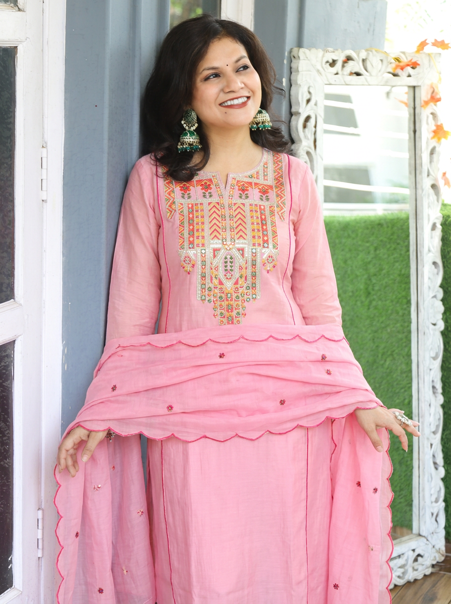 Kashviri Candy Pink Embroidered Panel Style Mul Chanderi 3 Piece Set