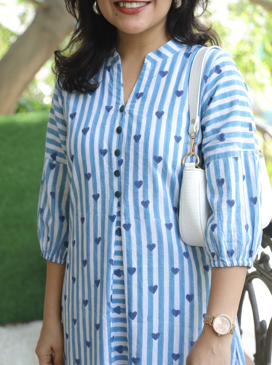 Nisya White with Blue Hand-Block Stripe Printed Cotton Co-ord Set