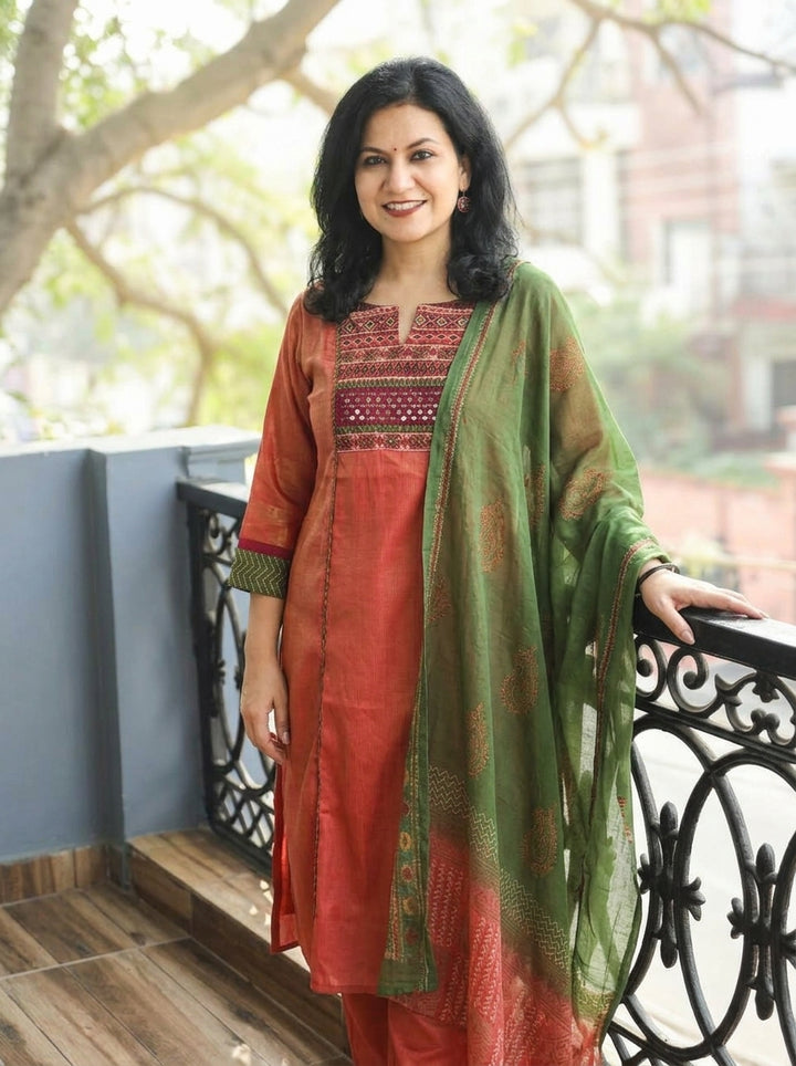 Kashish Coral Peach Embroidered Panel Style Shimmer Pure Set