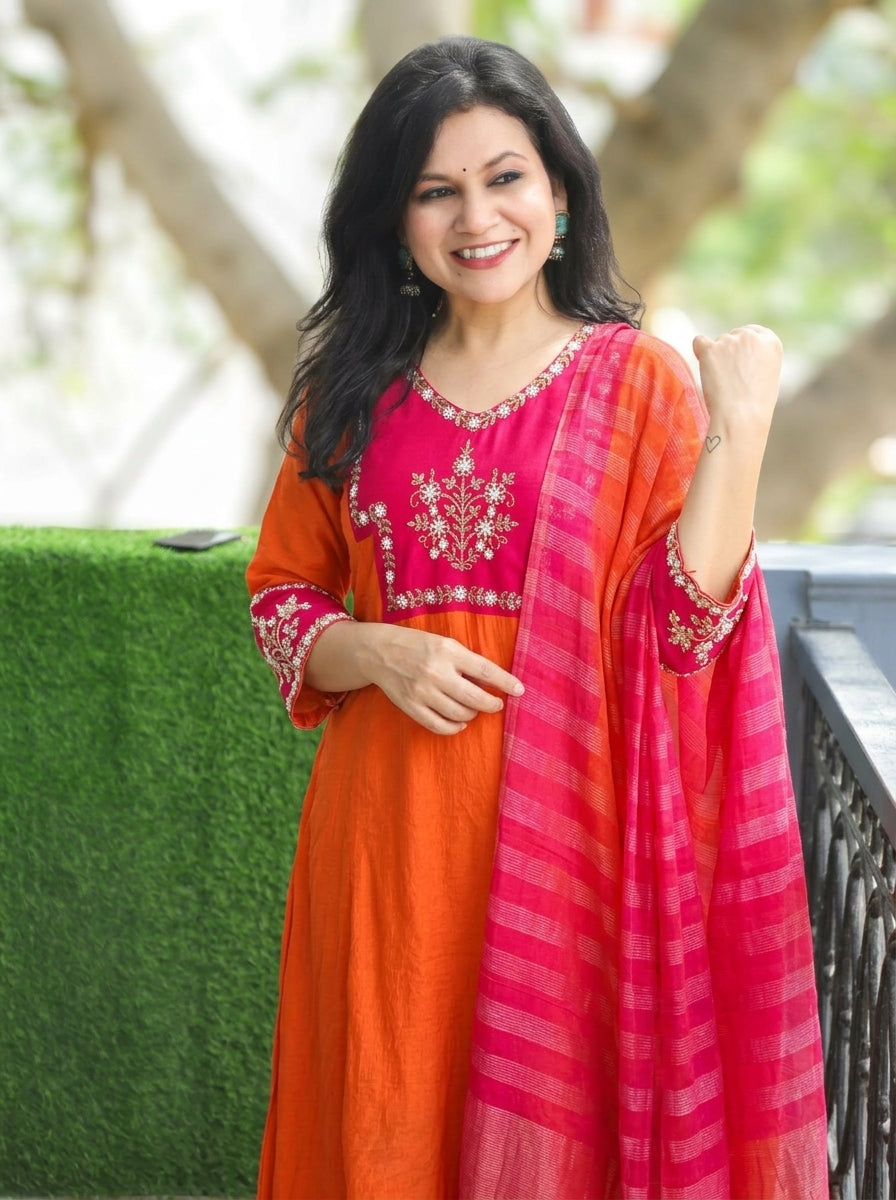 Shishberi Tangerine Orange Embellish Moti Work Mul Chanderi Set