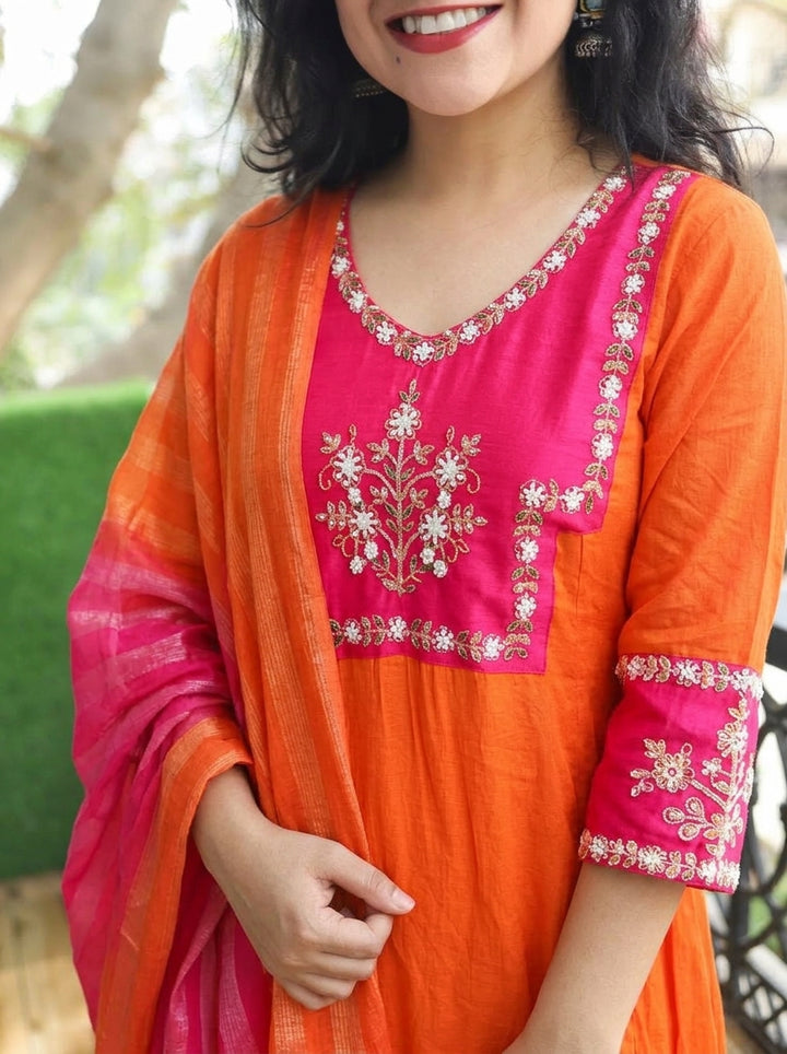 Shishberi Tangerine Orange Embellish Moti Work Mul Chanderi Set