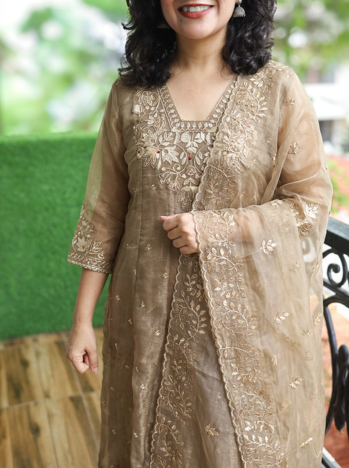 Laavanya Mouse Tan Gota Patti Work Shimmer Organza 3 Piece Set