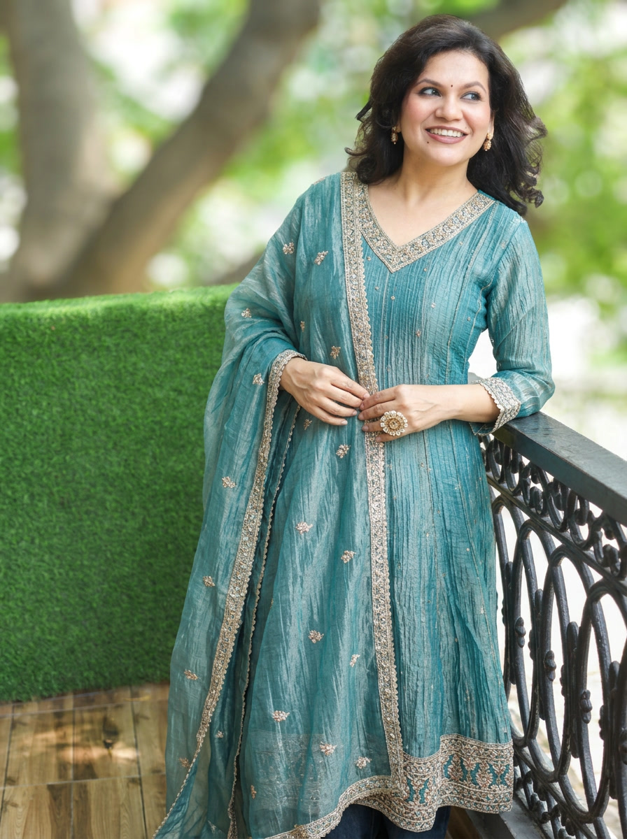 Ruhani Ocean Turq Zari Work Crinkle Shimmer Tissue 3 Piece Set