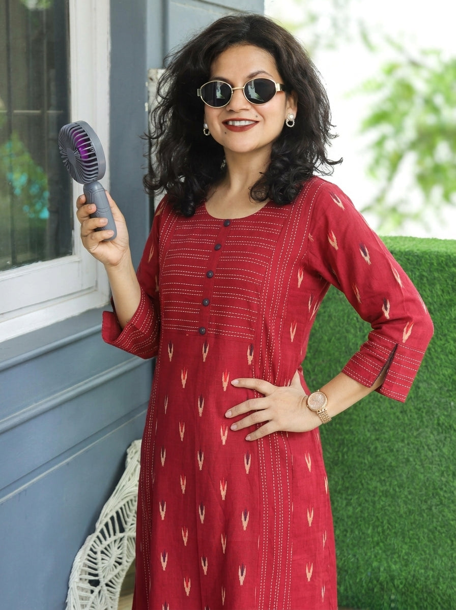 Musavari Berry Red Ikkat Weaved South Cotton 2 Piece Set