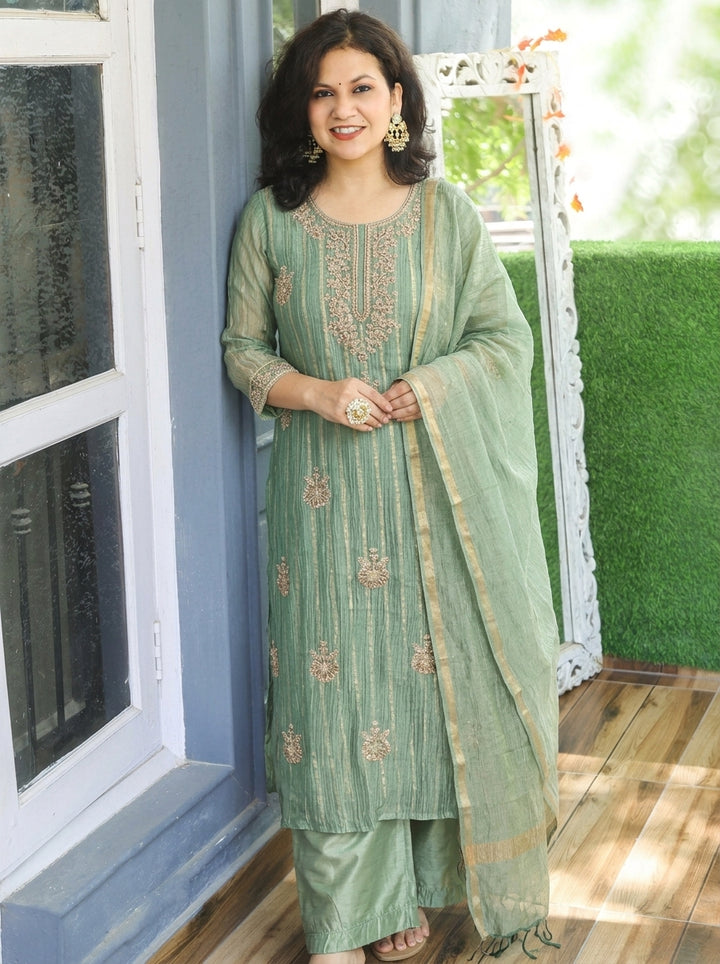 Dakshni Seaform Green Zari Work Crinkle Shimmer Tissue 3 Piece Set