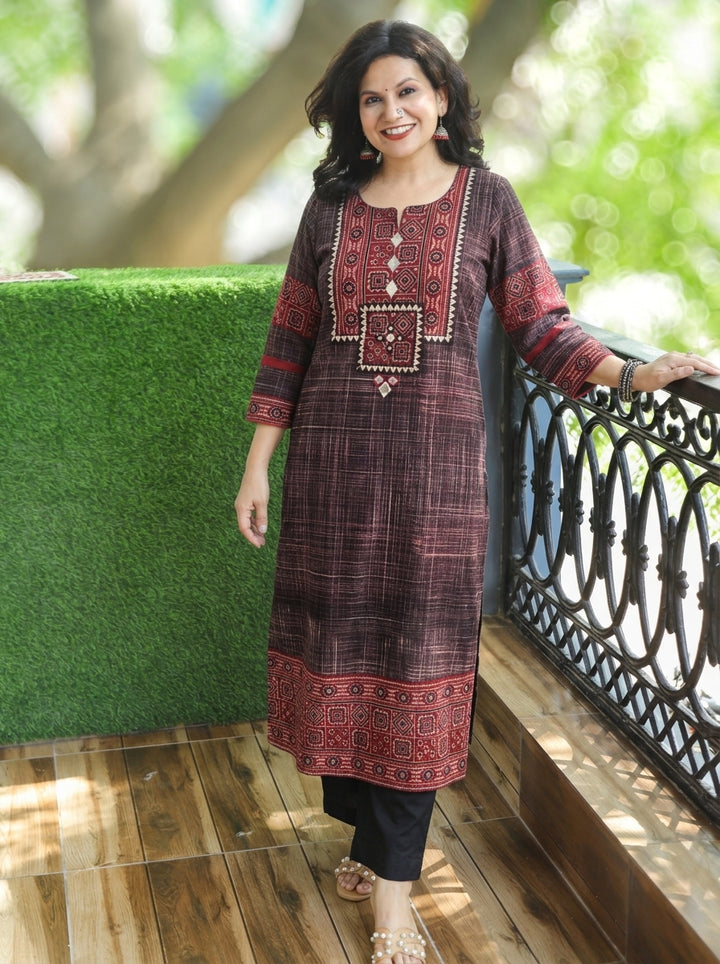 Zariya Walnut Black Ajrakh Yoke Brush Painted Cotton Kurti
