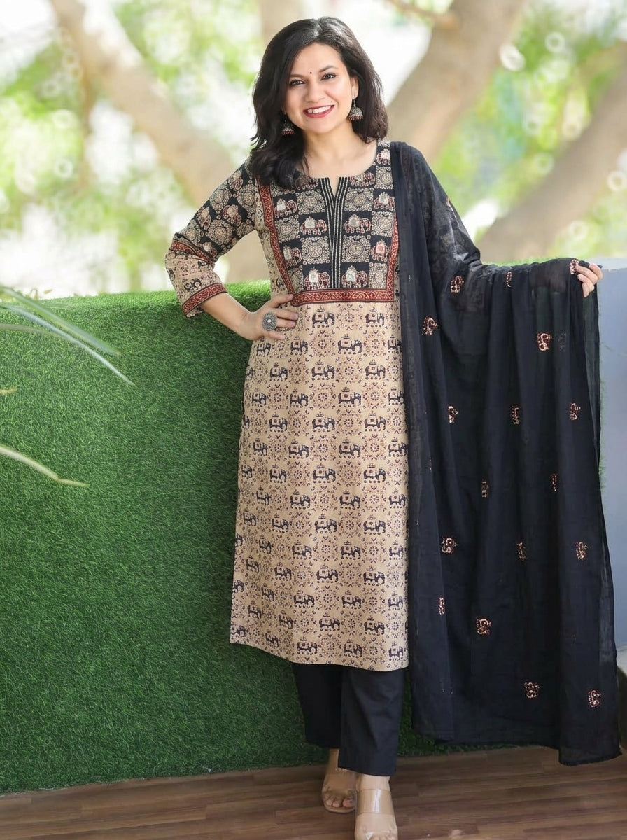 Anshuli Onxy Black Mirror Work Gajj Print Cotton 3 Piece Set