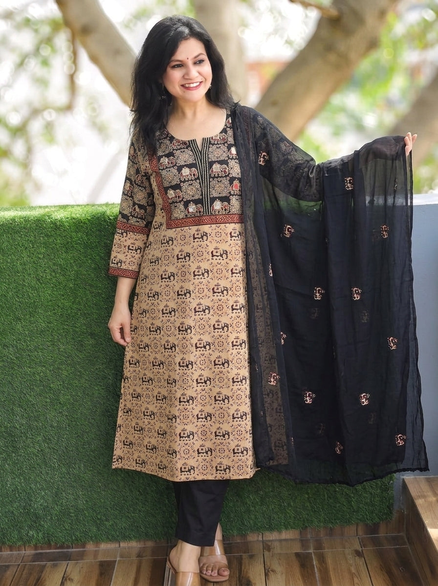 Anshuli Onxy Black Mirror Work Gajj Print Cotton 3 Piece Set