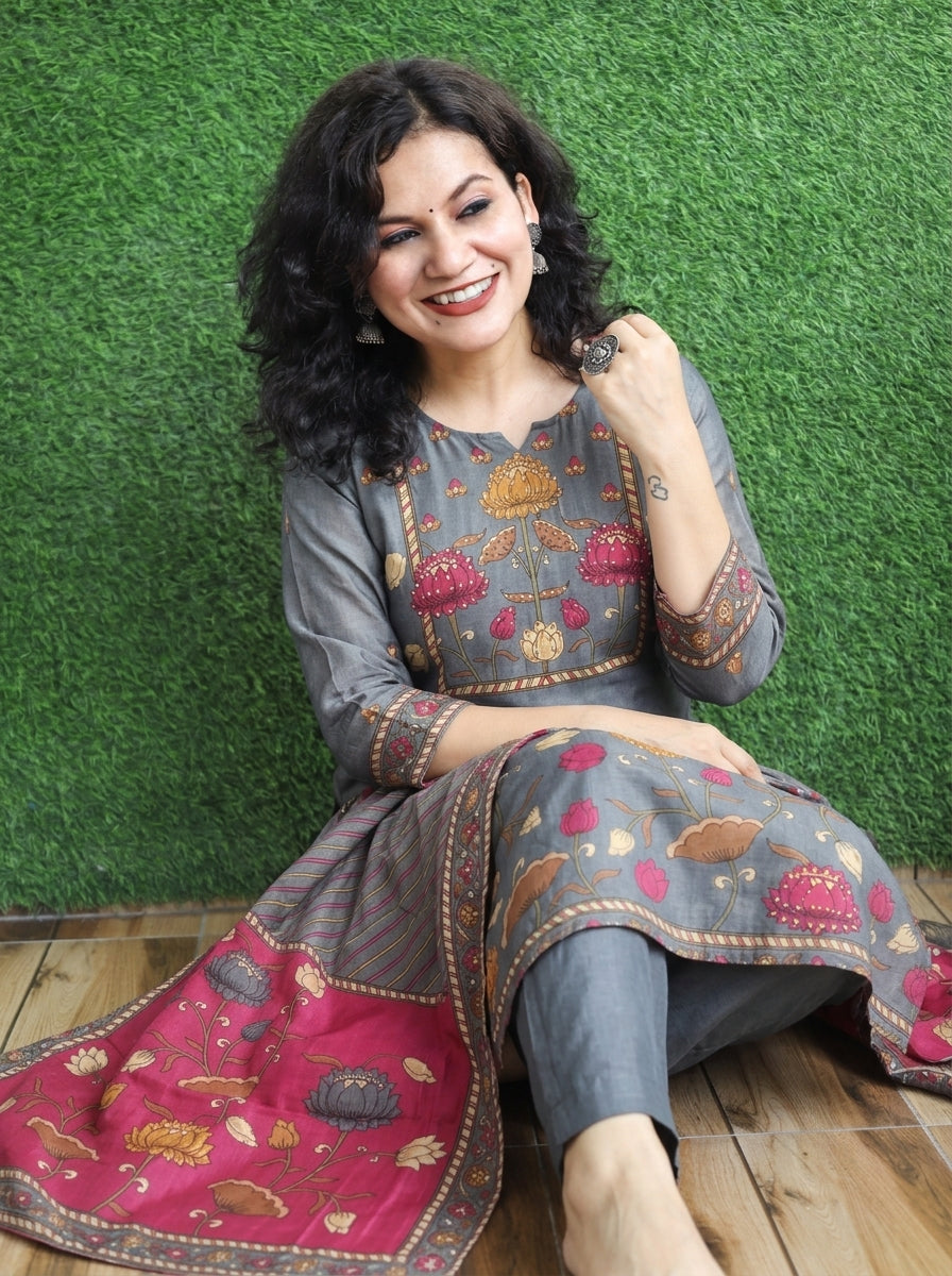 Parisha Grey Sequin with Kalamkari Printed Muslin 3 Piece Set