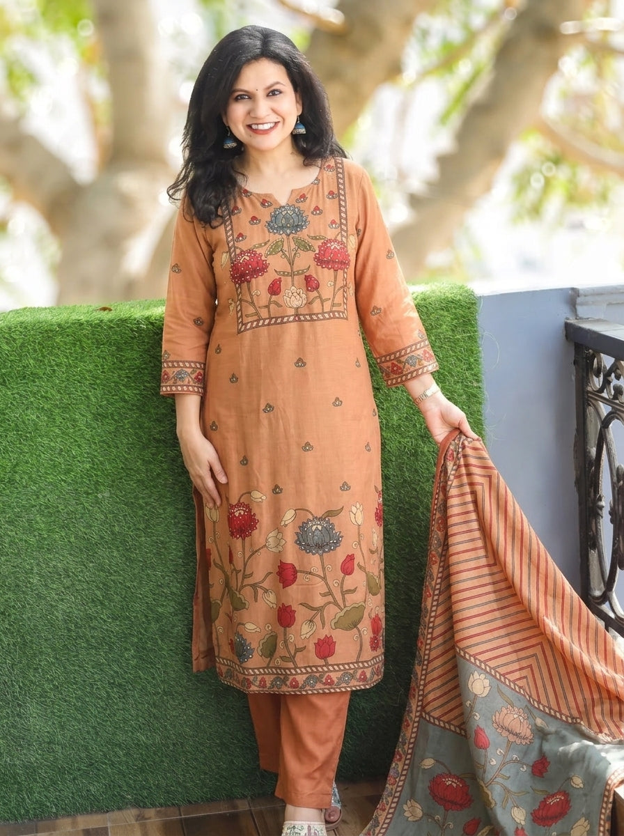 Parisha Peach Sequin with Kalamkari Printed Muslin 3 Piece Set