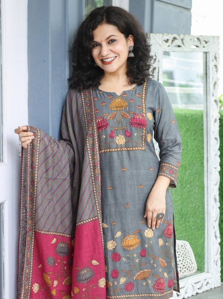 Parisha Grey Sequin with Kalamkari Printed Muslin 3 Piece Set