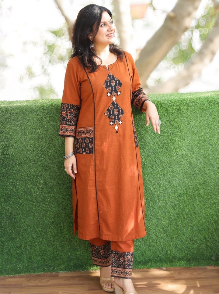 Karishma Rust Ajrakh Patch with Mirror Panel Style Cotton Co-ord Set