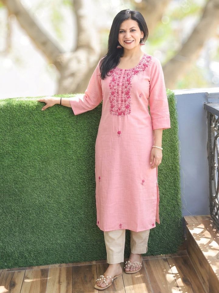 Bella Pink Kolkata Hand Embroidered Cotton Kurti