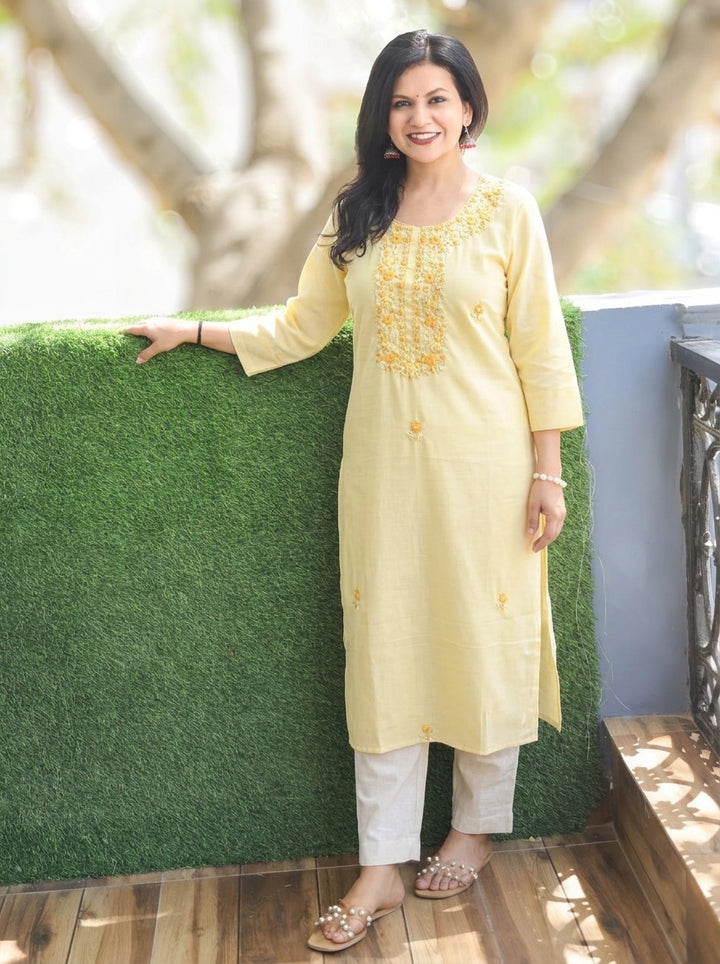 Bella Yellow Kolkata Hand Embroidered Cotton Kurti