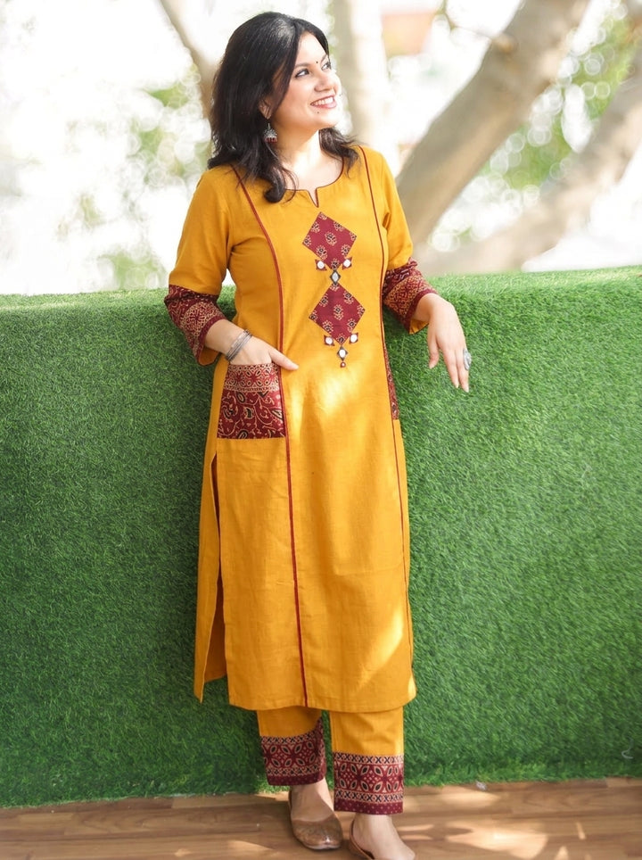 Karishma Yellow Ajrakh Patch with Mirror Panel Style Cotton Co-ord Set
