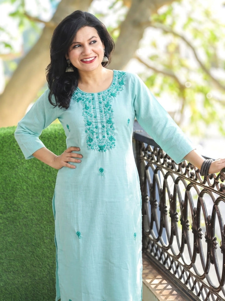 Bella Baby Blue Kolkata Hand Embroidered Cotton Kurti