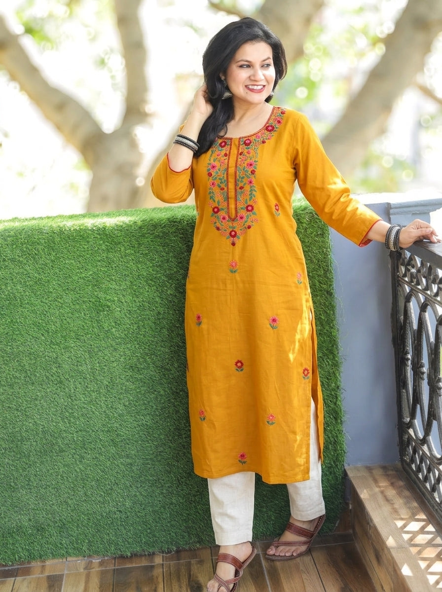 Shristhi Turmeric Yellow Kolkata Hand Embroidered Cotton Kurti