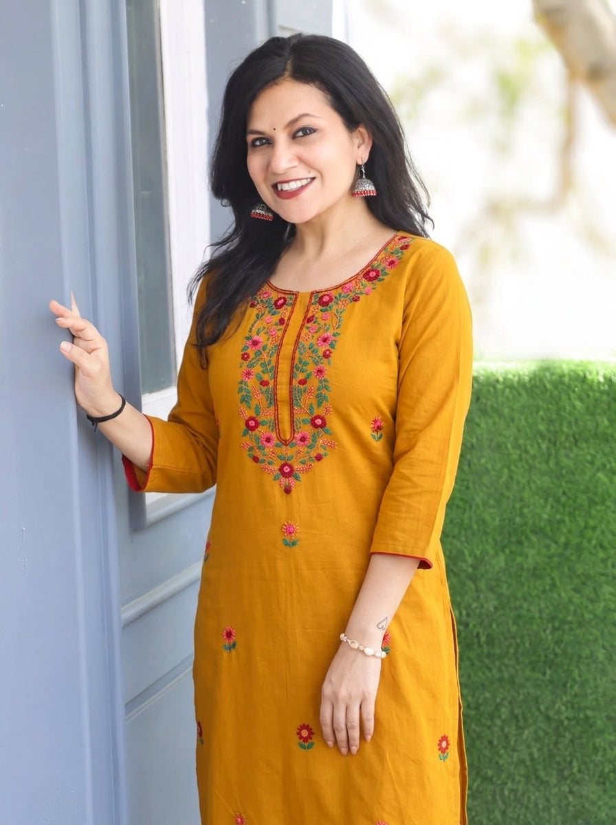 Shristhi Turmeric Yellow Kolkata Hand Embroidered Cotton Kurti
