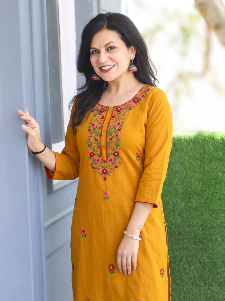 Shristhi Turmeric Yellow Kolkata Hand Embroidered Cotton Kurti