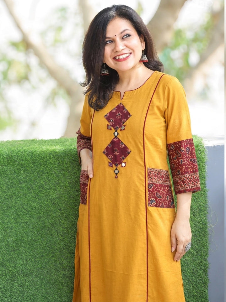 Karishma Yellow Ajrakh Patch with Mirror Panel Style Cotton Co-ord Set