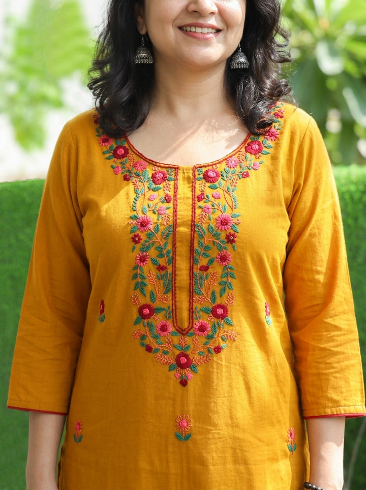 Shristhi Turmeric Yellow Kolkata Hand Embroidered Cotton Kurti