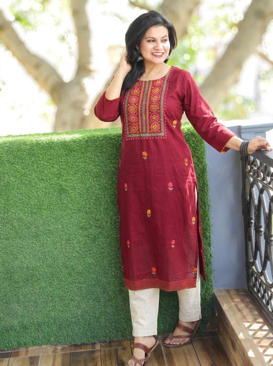 Shristhi Maroon Red Kolkata Hand Embroidered Cotton Kurti