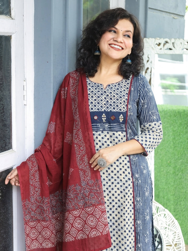 Mahi Indigo Blue Panel Style Dabu Printed Cotton 3 Piece Set