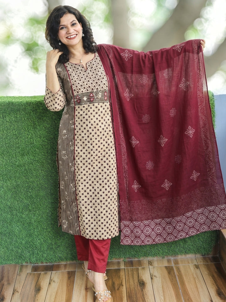Mahi Indigo Blue Panel Style Dabu Printed Cotton 3 Piece Set