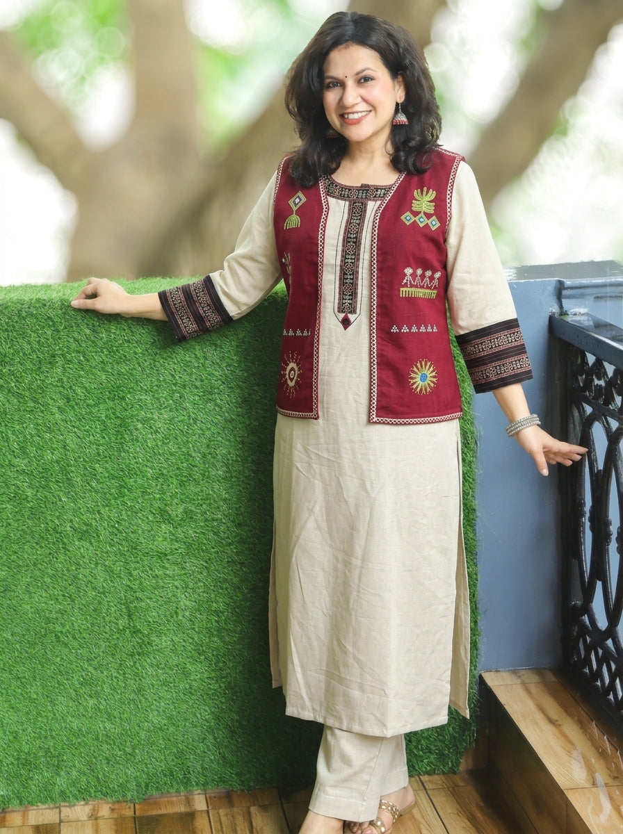 Sara Maroon Embroidered Reversible Cotton Jacket