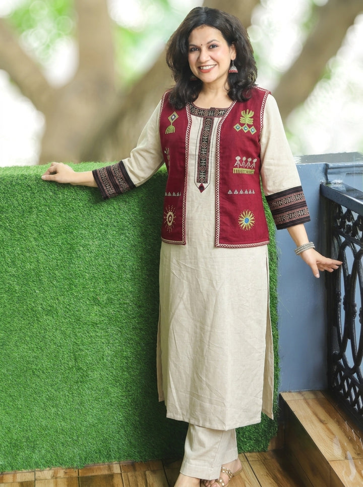 Sara Maroon Embroidered Reversible Cotton Jacket