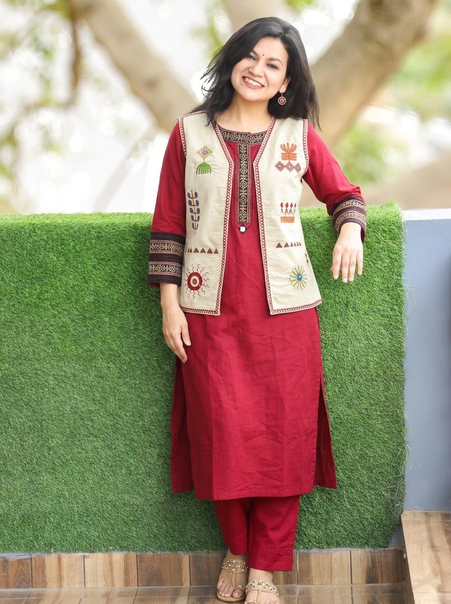 Sara White Beige Embroidered Reversible Cotton Jacket
