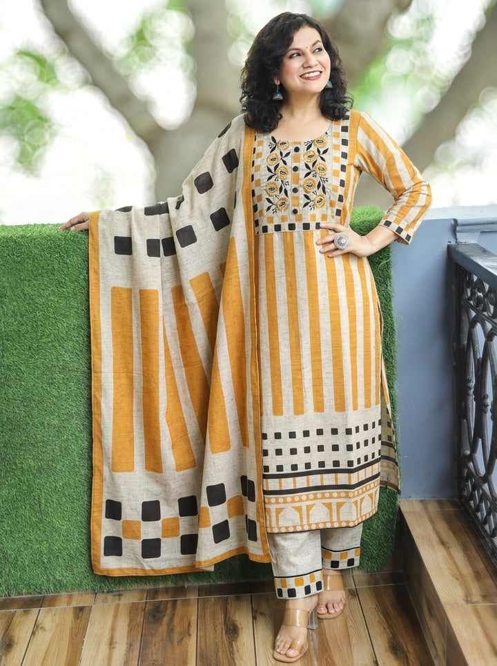 Shanaya White Yellow Embroidered Yoke Raw Cotton Silk 3 Piece Set