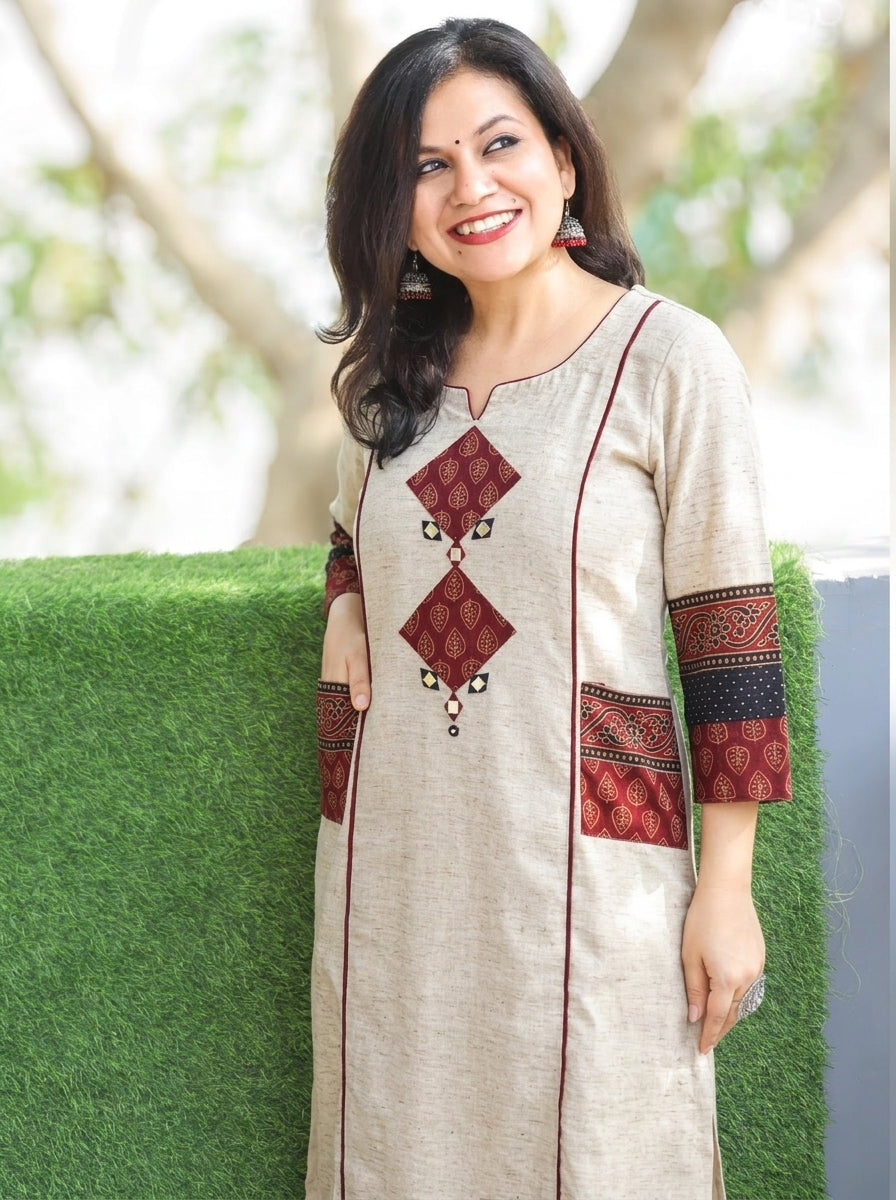 Karishma White Ajrakh Patch with Mirror Panel Style Raw Cotton Silk Co-ord Set
