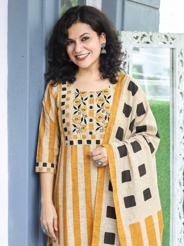 Shanaya White Yellow Embroidered Yoke Raw Cotton Silk 3 Piece Set