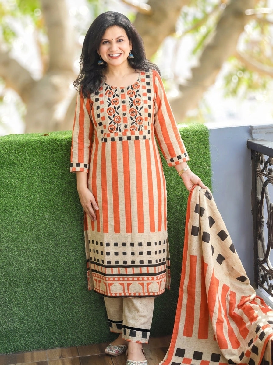 Shanaya White Orange Embroidered Yoke Raw Cotton Silk 3 Piece Set