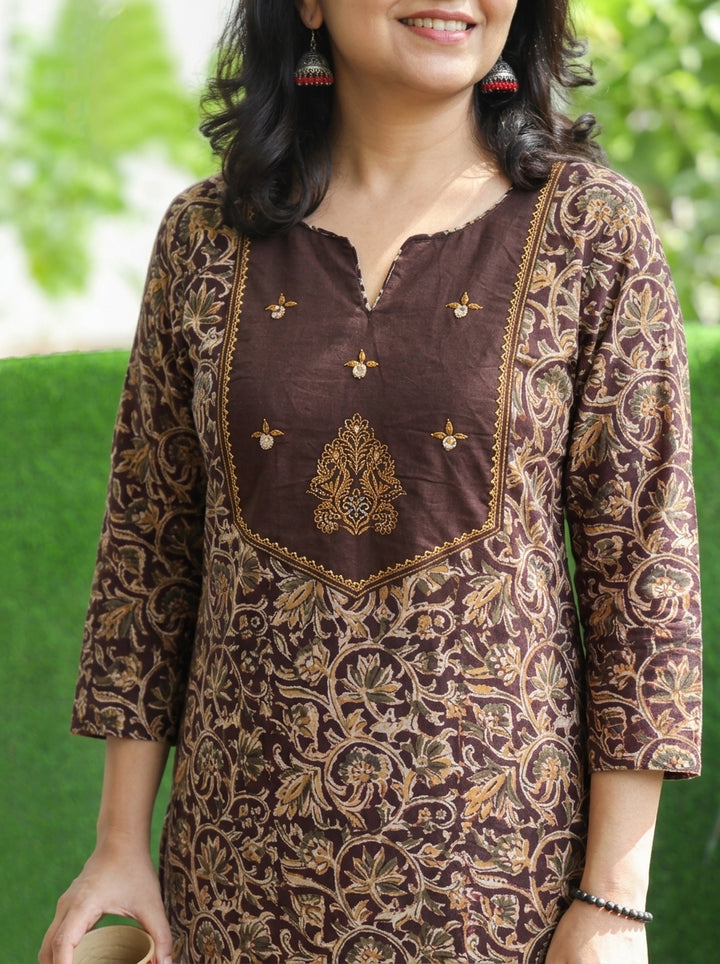 Rashmi Brown Embroidered Yoke Kalamkari Print 2 Piece Set