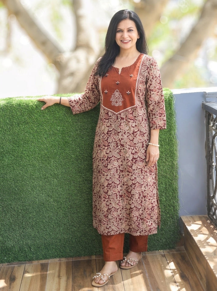 Rashmi Burnt Rust Embroidered Yoke Kalamkari Print 2 Piece Set