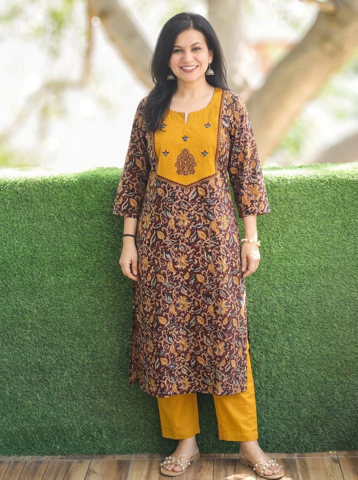 Rashmi Yellow Embroidered Yoke Kalamkari Print 2 Piece Set