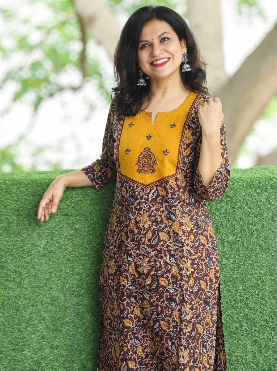 Rashmi Yellow Embroidered Yoke Kalamkari Print 2 Piece Set