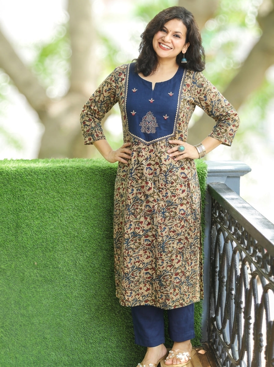 Rashmi Blue Embroidered Yoke Kalamkari Print 2 Piece Set