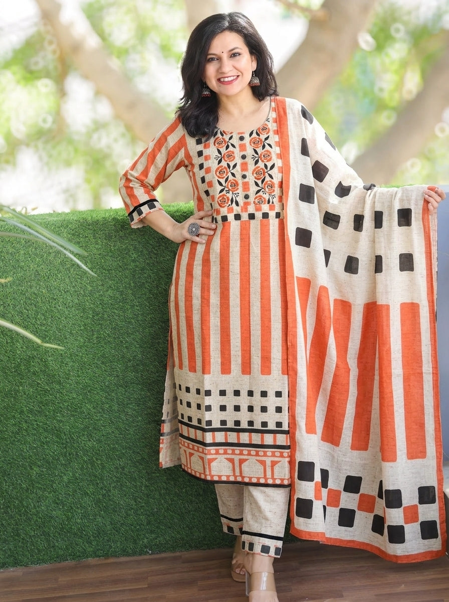 Shanaya White Orange Embroidered Yoke Raw Cotton Silk 3 Piece Set