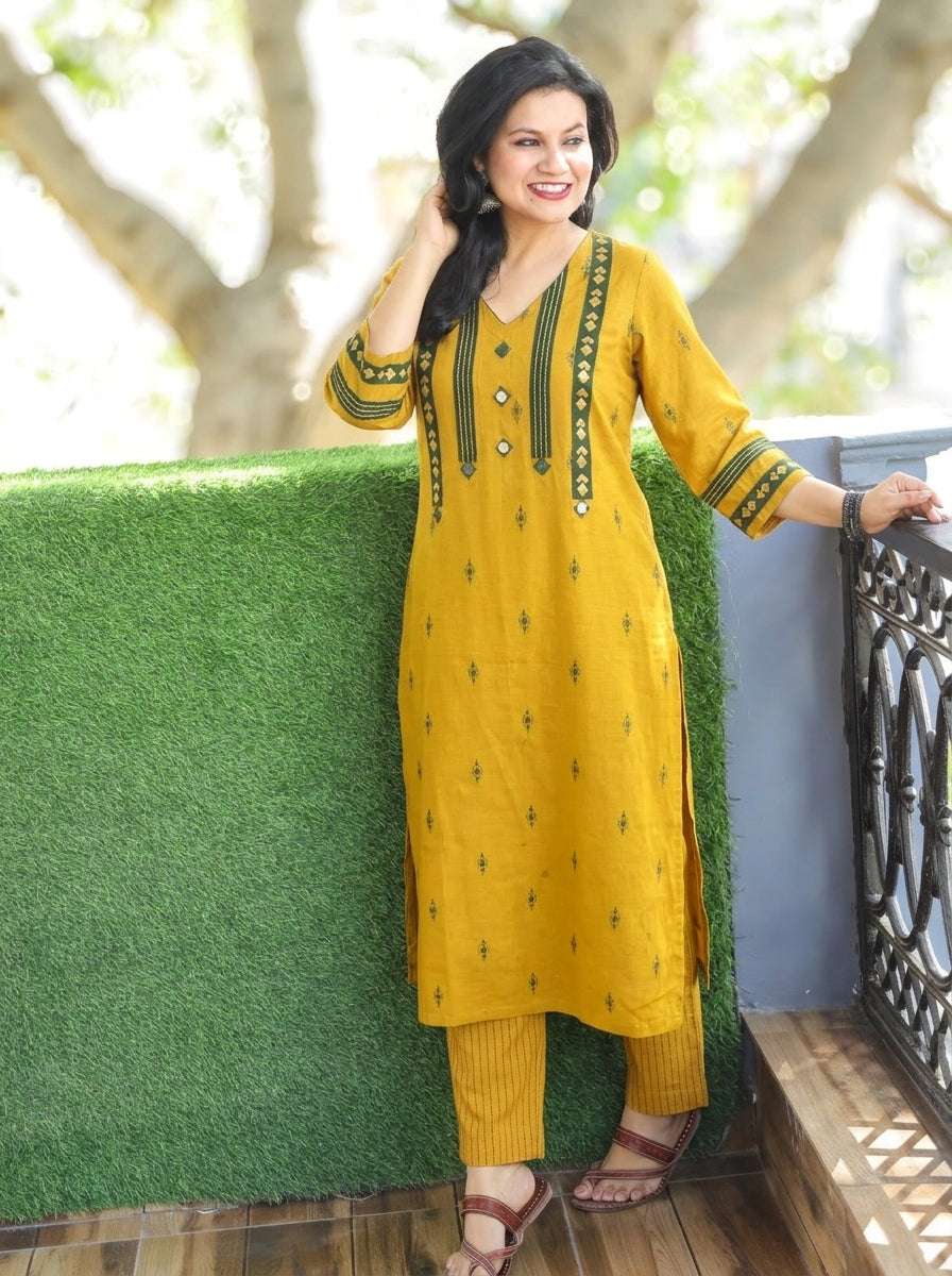 Rahina  Turmeric Yellow Mirror Work Cotton 2 Piece Set