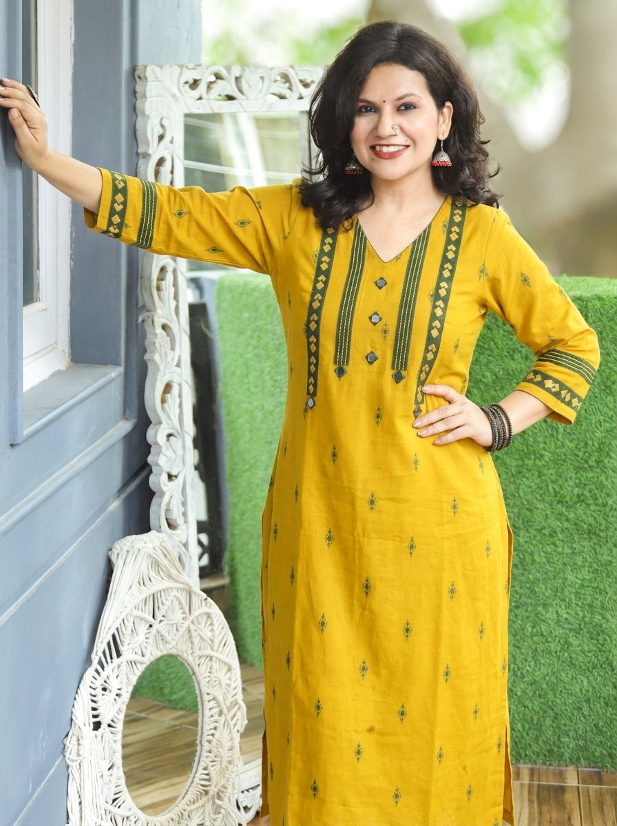 Rahina  Turmeric Yellow Mirror Work Cotton 2 Piece Set