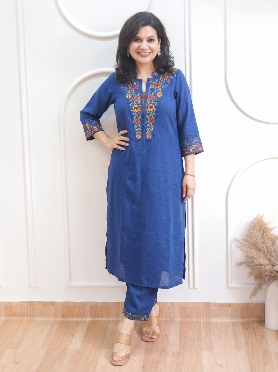 Narzia Denim Blue Embroidered Neck with Collar Linen Co-ord Set