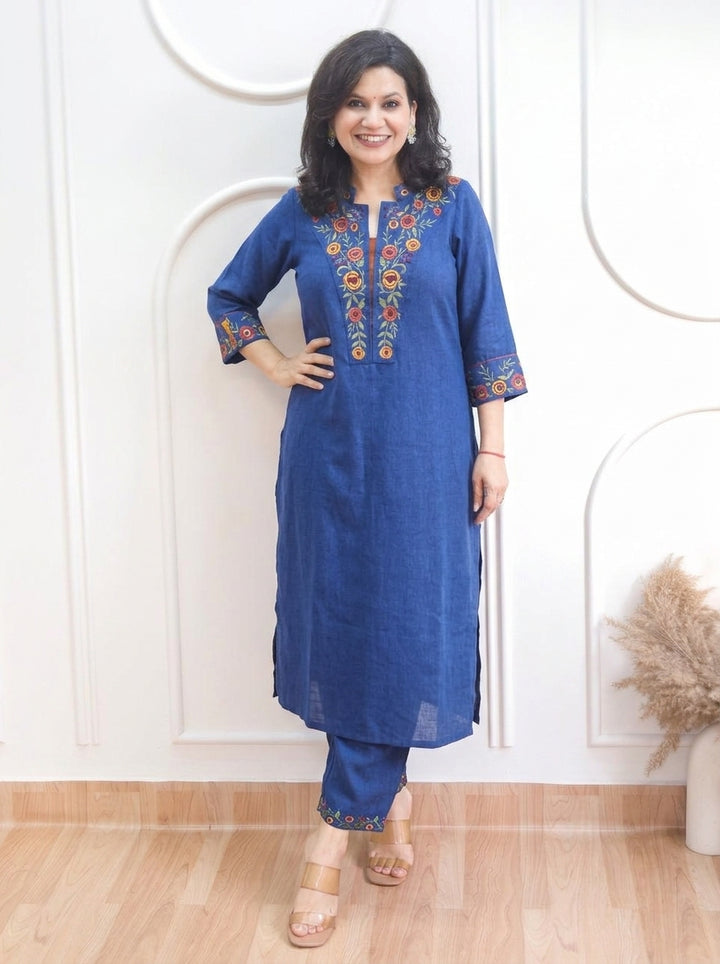 Narzia Denim Blue Embroidered Neck with Collar Linen Co-ord Set