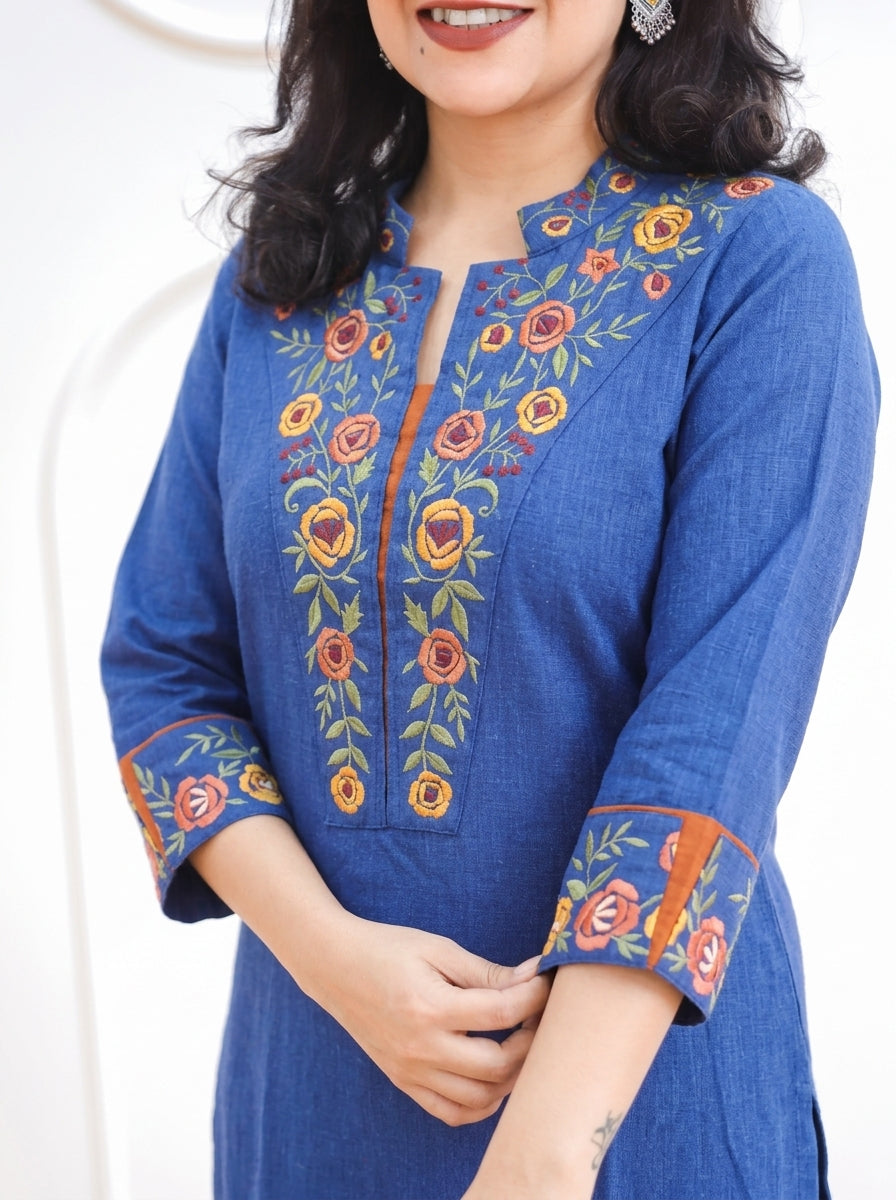 Narzia Denim Blue Embroidered Neck with Collar Linen Co-ord Set