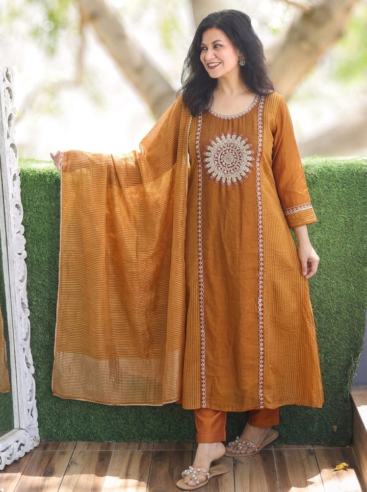 Rudra Mustard Yellow Embellish Work Panel Style Coral Silk 3 Piece Set