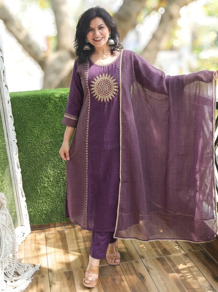 Rudra Jamuni Purple Embellish Work Panel Style Coral Silk 3 Piece Set