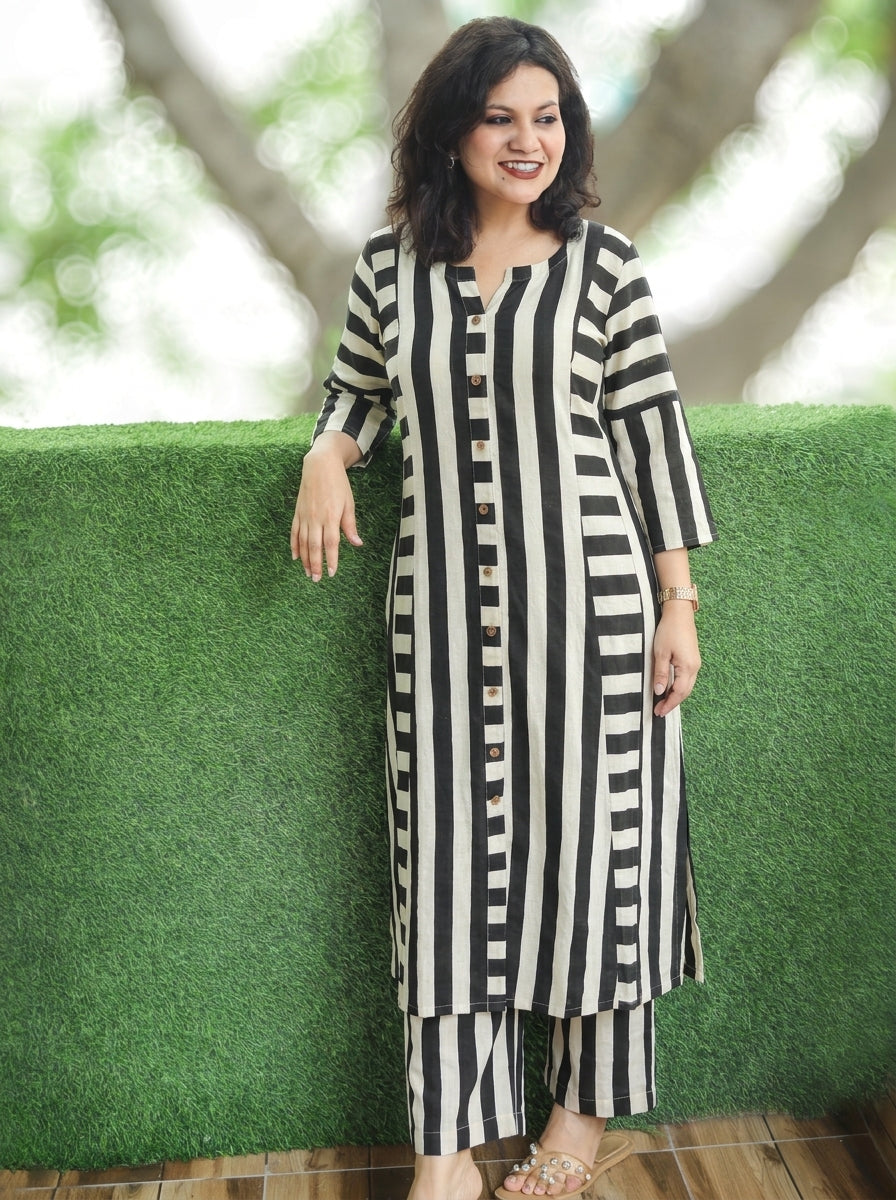 Samiya White Black Semi Natural Stripe Print Co-ord Set
